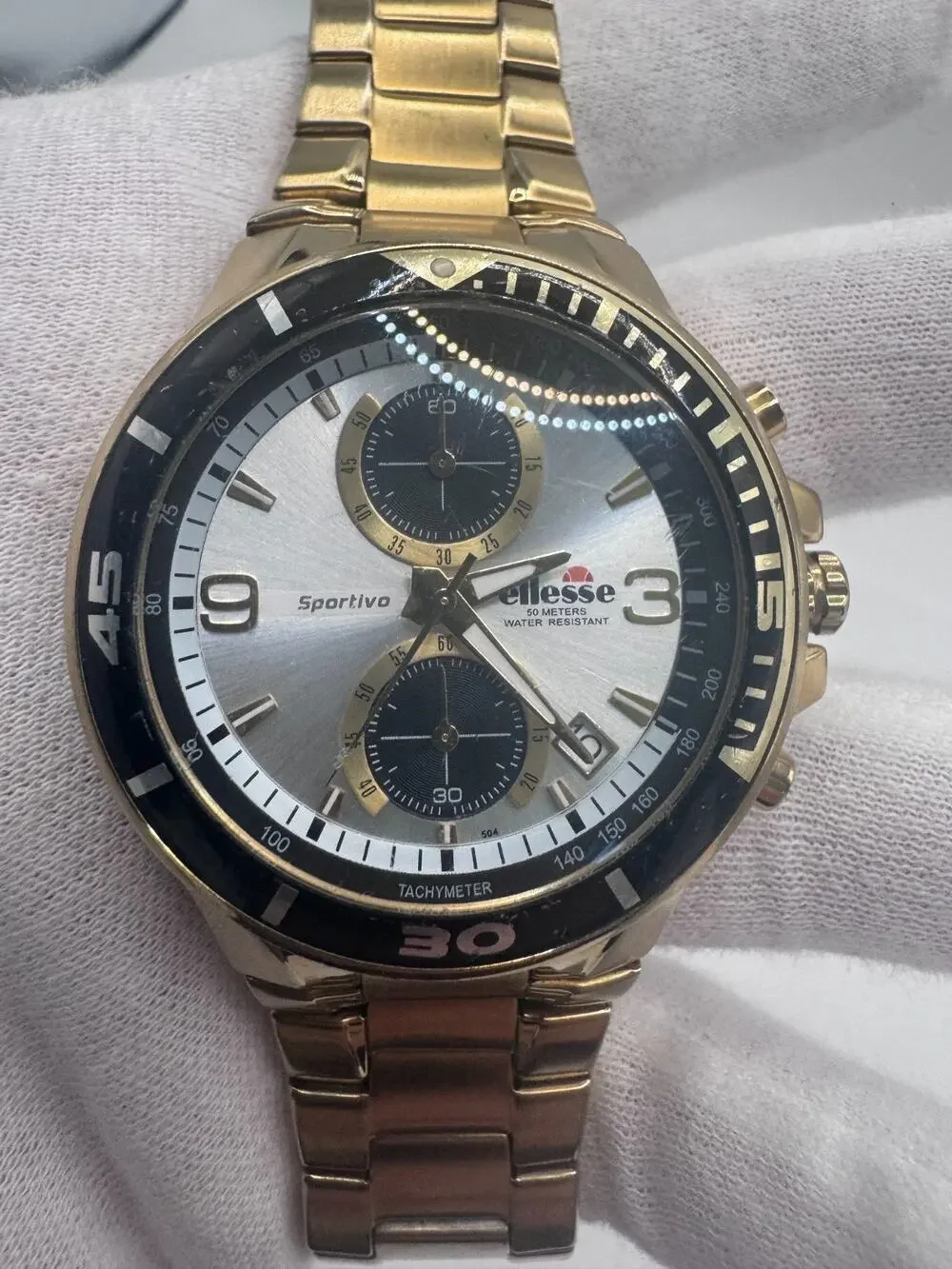 Gold-toned Ellesse Sportiva Chronograph watch 03-0442 silver sunburst dial